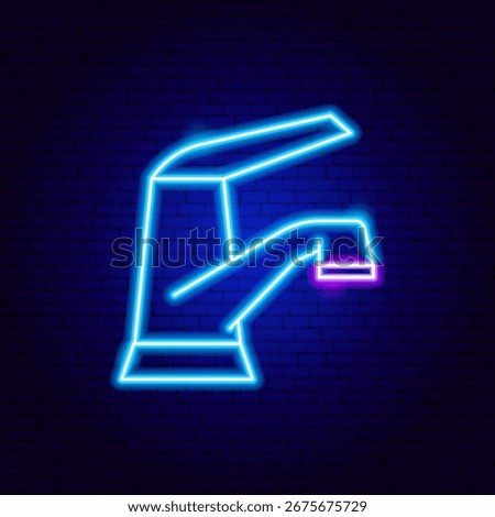 Faucet Neon Sign. Vector Illustration of Bright Plumber Object in Glowing Style. Led Lamp Bath Icon over Dark Blue Brick Background. 