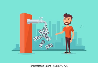 A faucet on the ATM machine is dripping open money dollar bills to a smiling man. Passive income concept. Flat vector illustration on blue green skyline background.