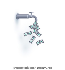 A faucet on the wall is dripping open flying money dollar bills instead of water. Passive income concept. Flat vector illustration isolated on white background.