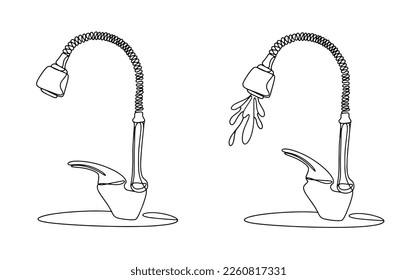 Faucet with open and closed mixer. Faucet with and without water. One line drawing. Black and white art. For icons, logos and different types of designs. Vector illustration