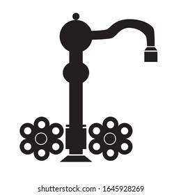 A faucet over the sink with vintage handles is isolated on a white background for design. A retro black silhouette vector stock illustration as logo or emblem for business.