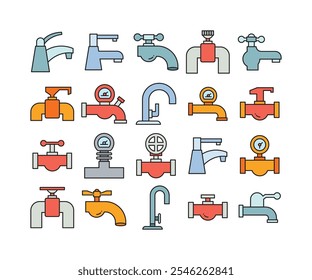 faucet and pipeline icons set