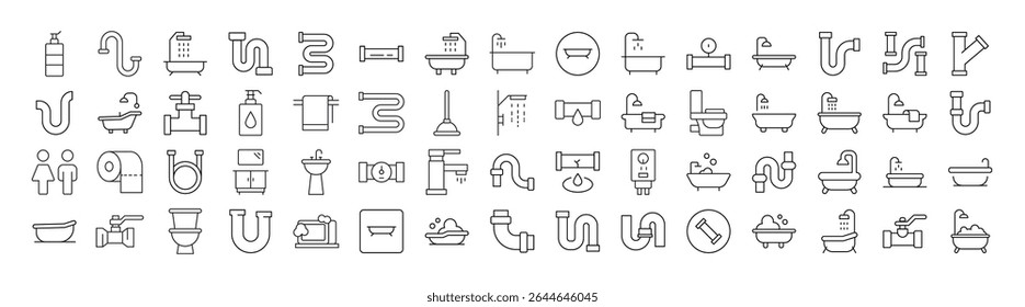 Torneira, Tubos, Casa De Banho, Coleção De Ícones De Linha De Banheiro. Pictograma Linear Minimalista para Web e Design Gráfico, Aplicações, Banners, Rede Social e Cartões