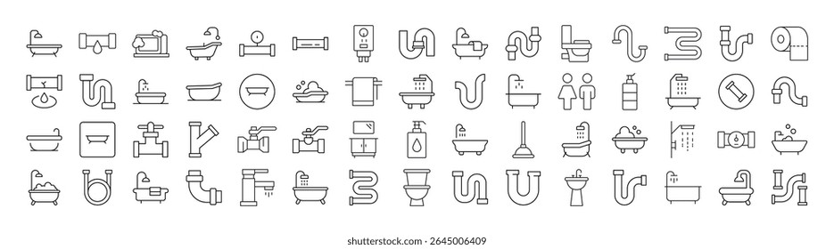 Torneira, Tubos, Casa De Banho, Pacote De Ícone De Linha De Higiene Pessoal. Pictograma Linear Minimalista para Web e Design Gráfico, Aplicações, Banners, Rede Social e Cartões