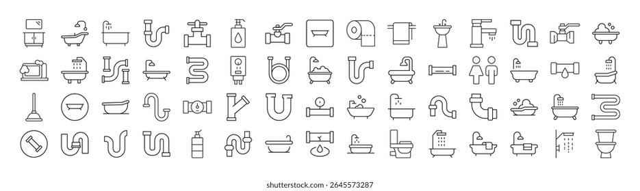 Faucet, Tubos, Banheiro, Pacote de Ícone de Linha de Higiene Pessoal. Pictograma Linear Minimalista para Web e Design Gráfico, Aplicações, Banners, Rede Social e Cartões
