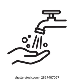 Faucet Pouring Water Into Hand Black Line Icon On White Background