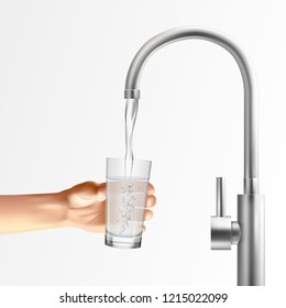 Faucet realistic composition with images of metallic faucet running water into glass held by human hand vector illustration