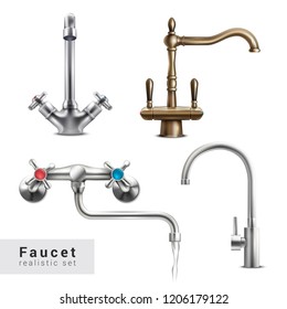 Faucet realistic set of four isolated images of various water mixers on blank background with text vector illustration