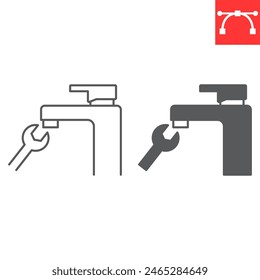 Faucet repair line and glyph icon, plumbing service and household problem, leaking faucet vector icon, vector graphics, editable stroke outline sign, eps 10.