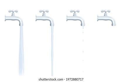 Faucet set - strong and normal water jet, dripping and turned off tab. Isolated vector illustration on white background.
