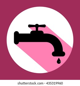 Faucet silhouette and drop with long shadow. Isolated. Dripping tap. Dripping faucet. Design element in flat style