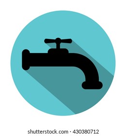 Faucet silhouette with long shadow. Isolated. Water tap. Design element in flat style. Isolated. White background