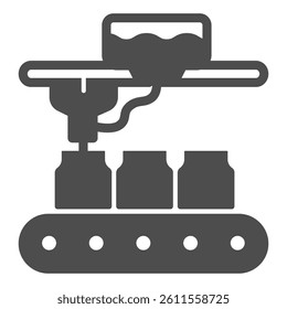 Faucet tap at conveyor and jars solid icon, pharmacy concept. Vector graphics. Conveyor belt with jar medicine product sign on white background, glyph style icon for mobile or web design