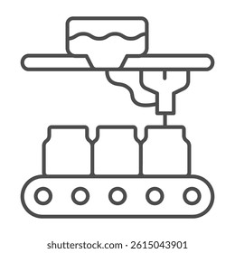 Faucet tap at conveyor and jars thin line icon, pharmacy concept. Vector graphics. Conveyor belt with jar medicine product sign on white background, outline style icon for mobile or web design