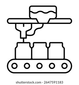 Faucet tap at conveyor and jars thin line icon, pharmacy concept. Vector graphics. Conveyor belt with jar medicine product sign on white background, style mobile or design