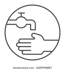 Grifo de grifo y icono de línea delgada de la mano, concepto de lavado de manos. Gráficos de Vector. Signo del grifo de agua en el fondo blanco, icono del estilo del contorno para el móvil o el Diseño web
