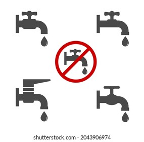 faucet tap leak with water drop warning sign icon set
