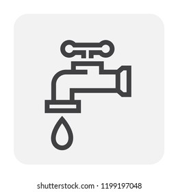 Faucet or tap and water drop vector icon. Household or equipment for flow control, release liquid water from pipeline, plumbing system. Include handle, pipe, valve for bathroom, restroom, kitchen.