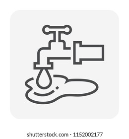 Faucet or tap and water leak, drop vector icon. Household or equipment for flow control, release liquid water from plumbing system. With handle, pipe, valve for bathroom, restroom, kitchen. 64x64 px.
