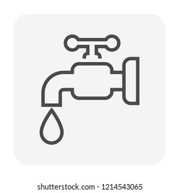 Faucet or tap and water leak, drop vector icon. Household or equipment for flow control, release liquid water from plumbing system. With handle, pipe, valve for bathroom, restroom, kitchen. 64x64 px.