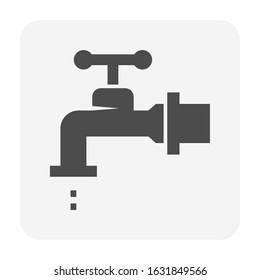 Faucet or tap, water leak or leaky water vector icon. Household or equipment for flow control, release liquid water from plumbing system. Include handle, pipe, valve for bathroom, restroom, kitchen.