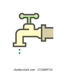 Faucet or tap, water leak or leaky water vector icon. Household or equipment for flow control, release liquid water from plumbing system. Include handle, pipe, valve for bathroom, restroom, kitchen.