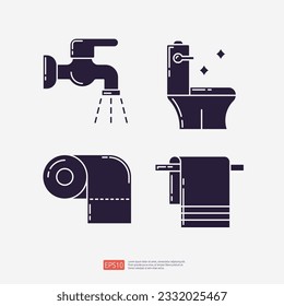 faucet tap water, sparkling clean toilet, toilet tissue paper roll, bathroom towel. Clean, disinfect and toiletries silhouette set icon. Vector illustration