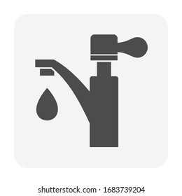 Faucet vector icon. For bathroom sink or wash basin. Include water drop, leak or leaky water. Household or equipment for flow control, release liquid from plumbing system. Include handle, pipe, valve.