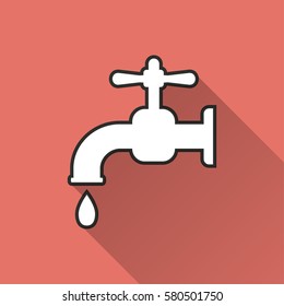 Faucet vector icon with long shadow. Illustration isolated on red background for graphic and web design.