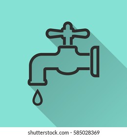 Faucet vector icon with long shadow. Black illustration isolated on green background for graphic and web design.