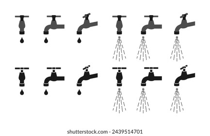 Conjunto de iconos de vector de grifo. grifo con gota de agua. ilustración vectorial aislada sobre fondo blanco.