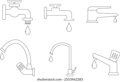 Faucet vector icon. Tap sign.  Thin line illustration. Open faucet.Water supply faucets for bathroom and kitchen sink