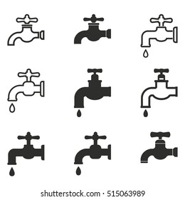 Faucet vector icons set. Black illustration isolated on white background for graphic and web design.