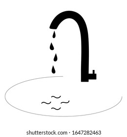 Faucet vector illustration isolated on white background. Water Drops in sink. Black silhouette icon of crane, cock, spigot, water tap. Space for text.
