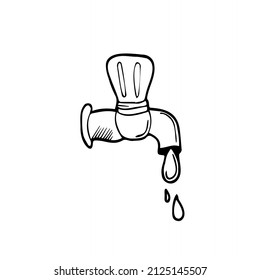 faucet and water cartoon vector and illustration, black and white, hand drawn, sketch style, isolated on white background.