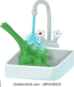 Faucet water clean wash organic green leaf salad, concept kitchen metal tap, farmer salad bunch flat vector illustration, isolated on white. Icon modern design crane, fresh pure water jet.