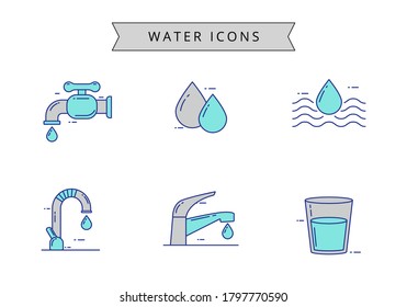 Faucet and water concept vector illustration isolated on white background. Water icon collection in linear color style 
