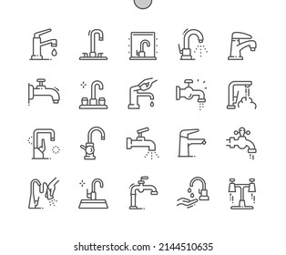 Faucet. Cae agua. Cuarto de baño. Cocina griega. Iconos De Línea Delgada De Vector Perfecto De Pixel. Pictograma mínimo simple