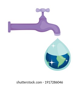 faucet with water drop with earth planet design over white background, colorful design, vector illustration
