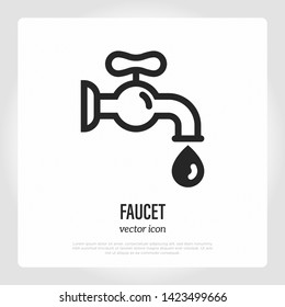 Faucet with water drop thin line icon. Logo for plumber. Vector illustration.