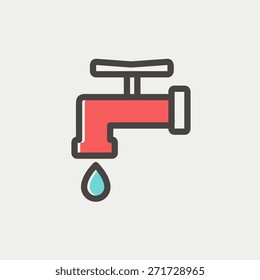 Faucet with water drop thin line for web and mobile, modern minimalistic flat design. Vector icon with dark grey outline and offset colour on light grey background.