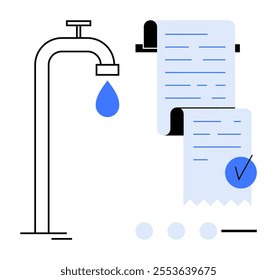 Faucet with a water droplet and a long receipt representing water usage. Ideal for environmental awareness, conservation, water bills, sustainability, and utility payment. Minimalist and clean design