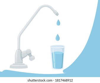 Faucet with water drops metal water tap flat vector illustration on white background