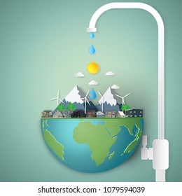 faucet water nutrient on the globe nature on hemisphere green world as business, nature, eco, life and love earth day concept. vector illustration of paper art and craft style.