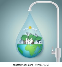 faucet water nutrient on the globe nature on hemisphere green world as business, nature, eco, life and love earth day concept. vector illustration of paper art and craft style.