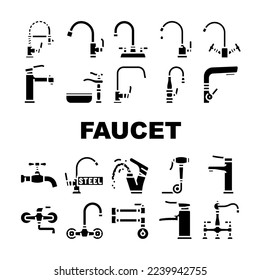 faucet water sink tap bathroom icons set vector. clean home, modern interior, white drop, wash, plumbing metal, hous pipe faucet water sink tap bathroom glyph pictogram Illustrations