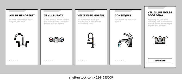 faucet water sink tap bathroom onboarding mobile vector. clean home, modern interior, white drop, wash, plumbing metal, hous pipe faucet water sink tap bathroom Illustration
