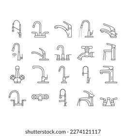 los iconos del baño del grifo del faucet de agua del fregadero establecen el vector. hogar limpio, interior moderno, gota blanca, lavado, plomería metálica, grifo de agua de grifo del grifo del grifo del grifo del baño ilustraciones de contorno negro