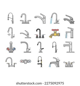 faucet water sink tap bathroom icons set vector. clean home, modern interior, white drop, wash, plumbing metal, hous pipe faucet water sink tap bathroom color line illustrations
