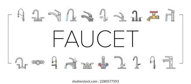 los iconos del baño del grifo del faucet de agua del fregadero establecen el vector. hogar limpio, interior moderno, gota blanca, lavado, plomería metálica, grifo de agua de grifo de tubo de hous ilustraciones de la línea de color del baño